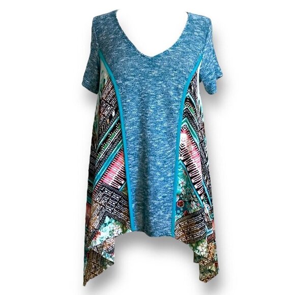 Poeme by Citron Womens Tunic Top Sz Medium Blue Mixed Media Knit Sharkbite Hem - Picture 1 of 7